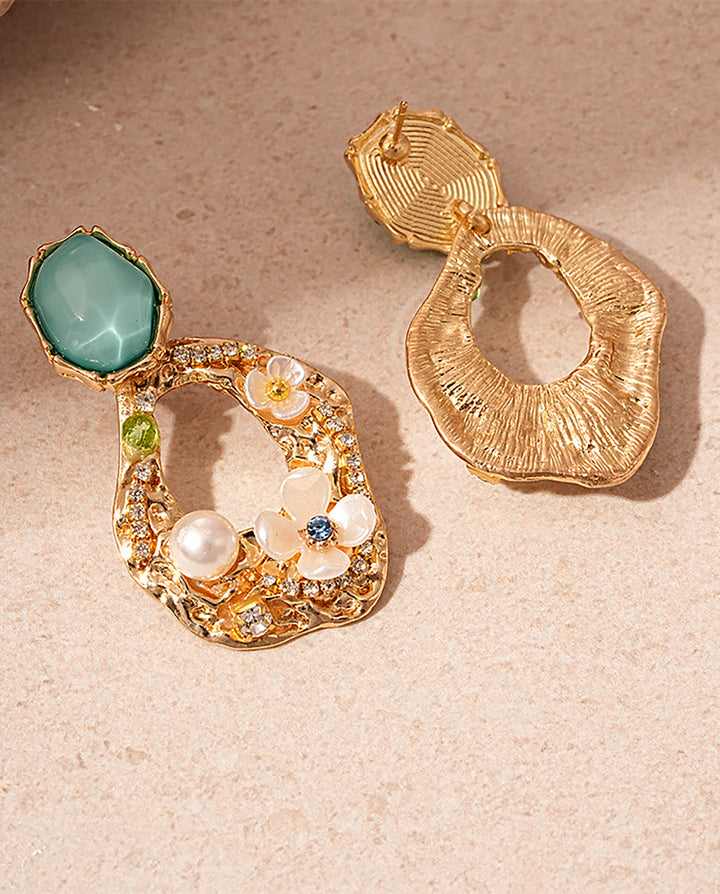 Vintage Green Gem Floral Pearl Irregular Hollow Drop Earrings