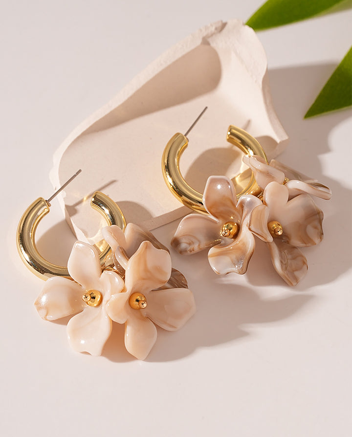 Marbled Floral Gold C-Hoop Stud Earrings