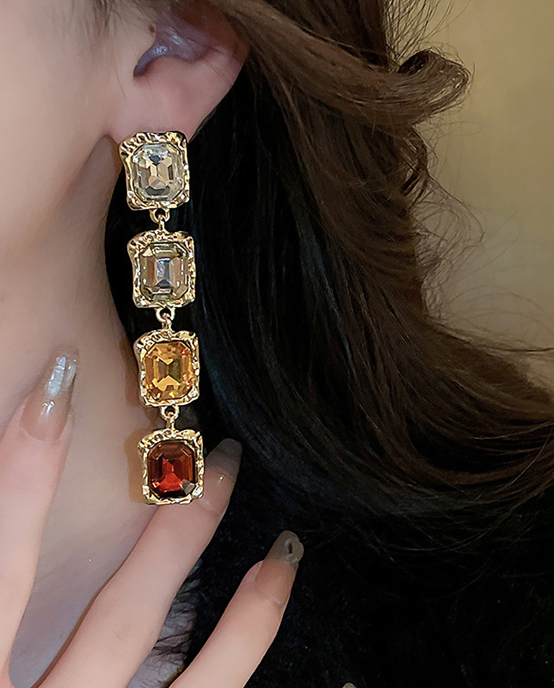 Gradient Amber Square Crystal Gold Frame Long Drop Dangle Earrings