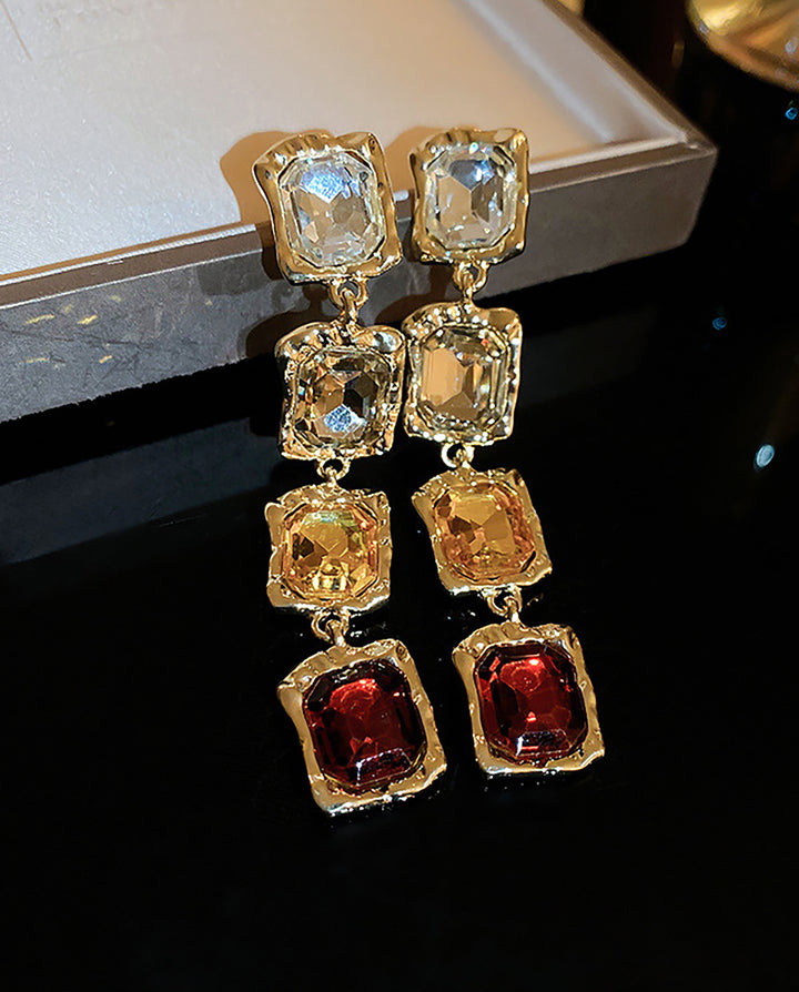 Gradient Amber Square Crystal Gold Frame Long Drop Dangle Earrings