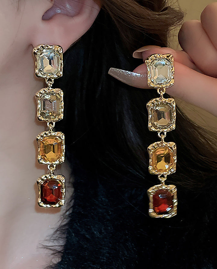 Gradient Amber Square Crystal Gold Frame Long Drop Dangle Earrings