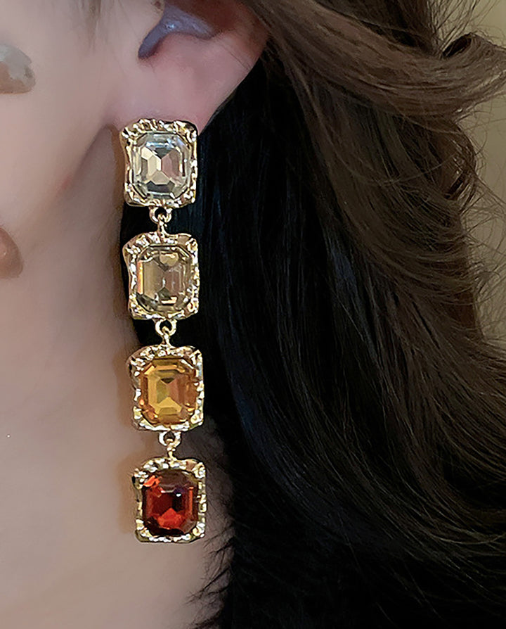 Gradient Amber Square Crystal Gold Frame Long Drop Dangle Earrings