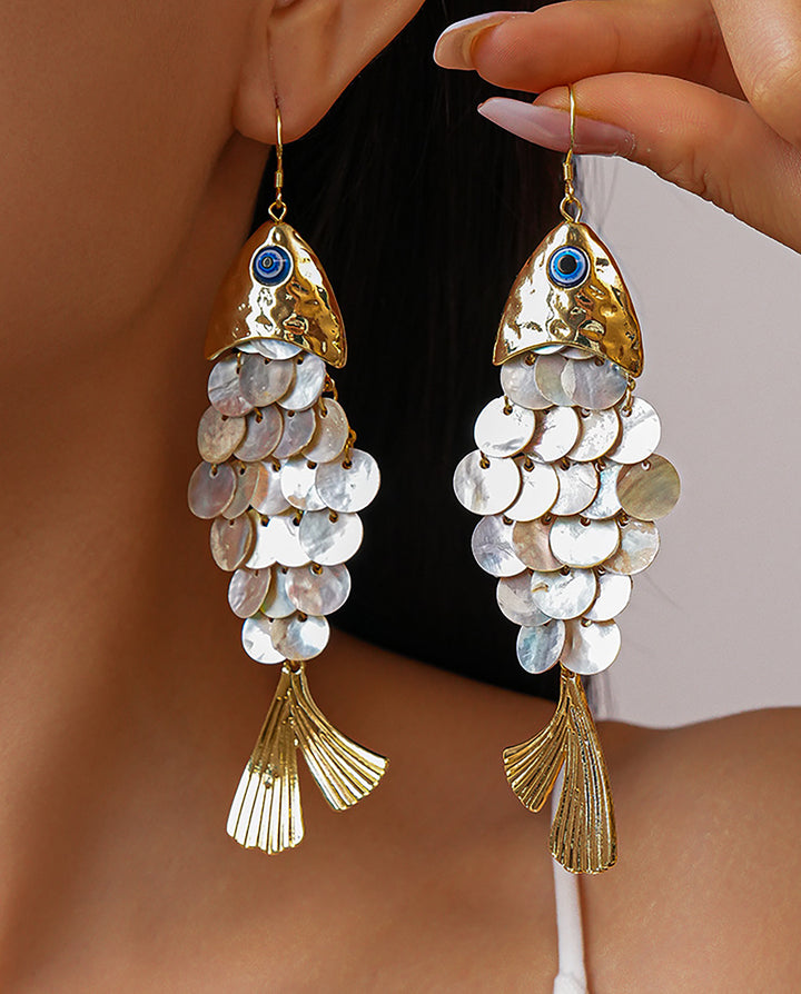 Evil Eye Fish Shape Natural Shell Sequins Tassel Drop Earrings