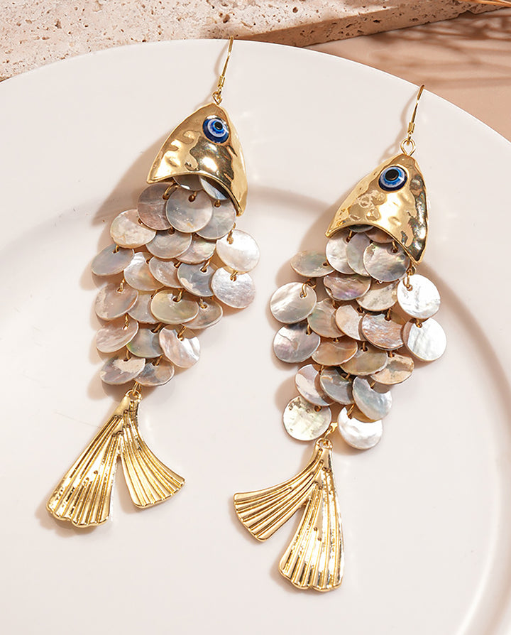 Evil Eye Fish Shape Natural Shell Sequins Tassel Drop Earrings