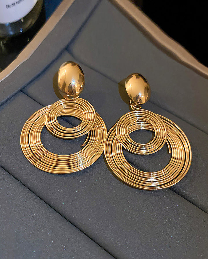 Glossy Gold Multi-Layer Interlocking Circle Drop Dangle Earrings