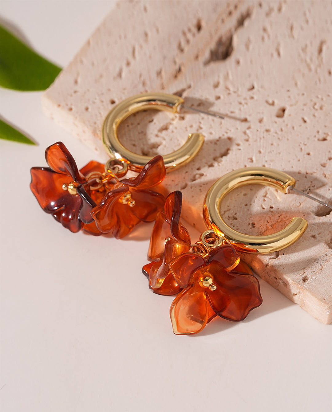 Marbled Floral Gold C-Hoop Stud Earrings