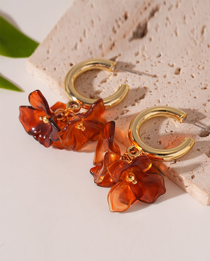 Marbled Floral Gold C-Hoop Stud Earrings