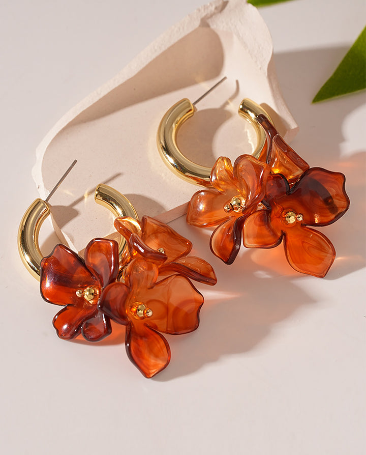 Marbled Floral Gold C-Hoop Stud Earrings