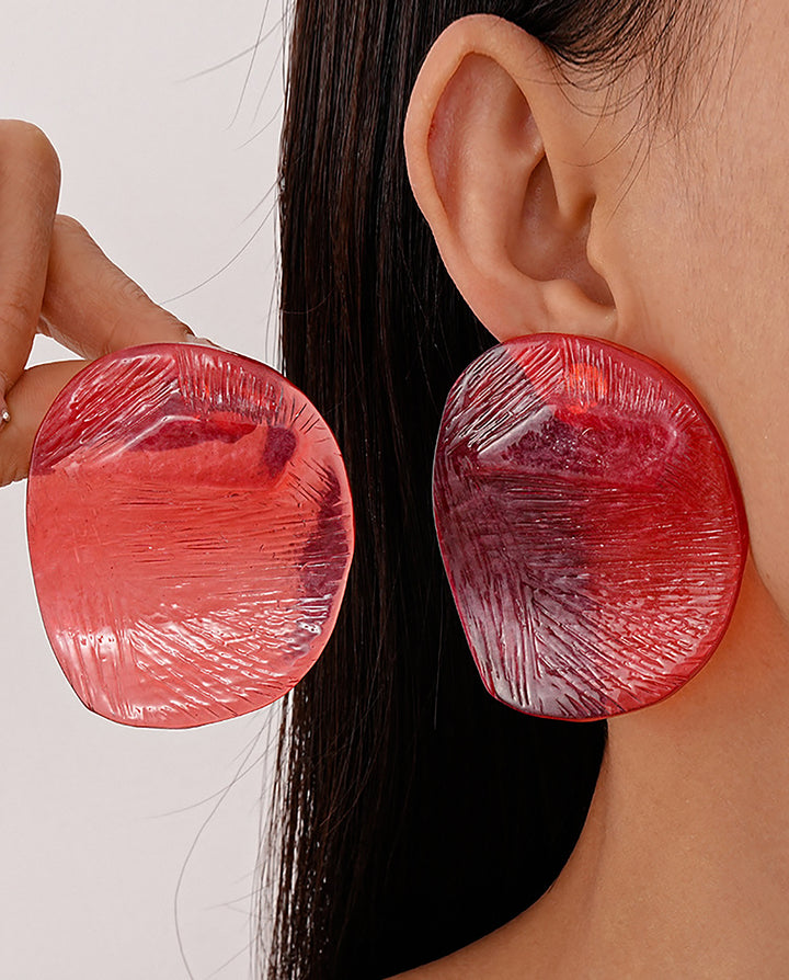 Transparent Gradient Red Textured Irregular Round Resin Stud Earrings