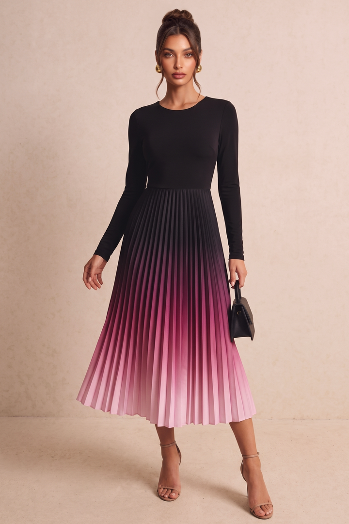 SOLACEGradient Pleated Long Sleeve Midi Dress