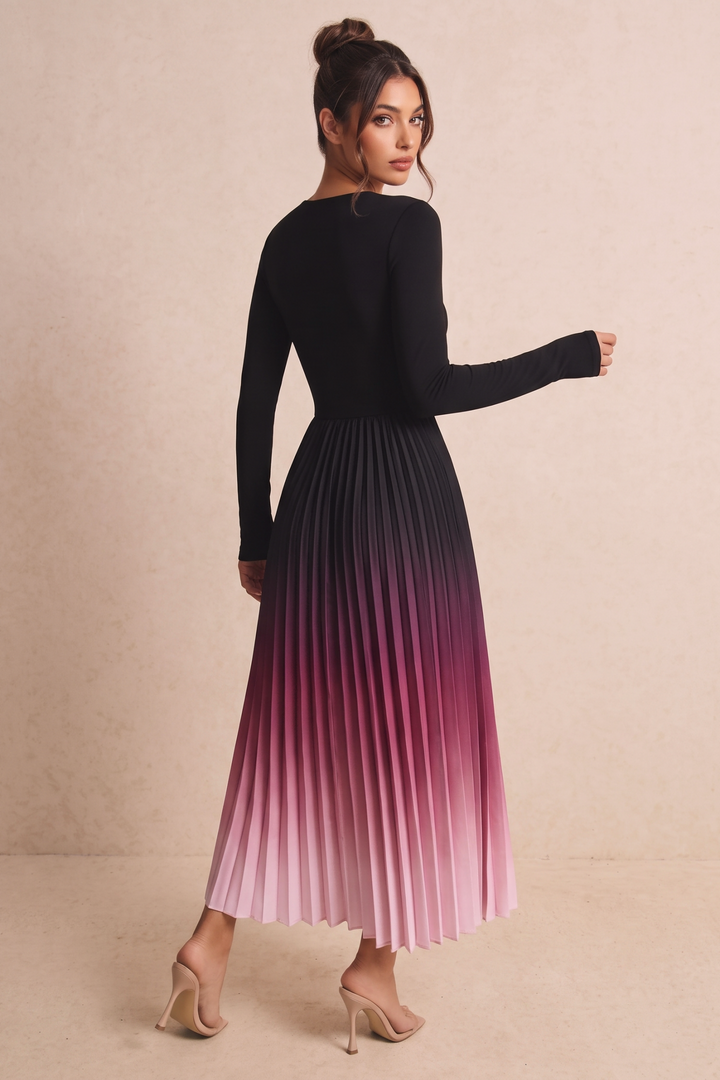 SOLACEGradient Pleated Long Sleeve Midi Dress