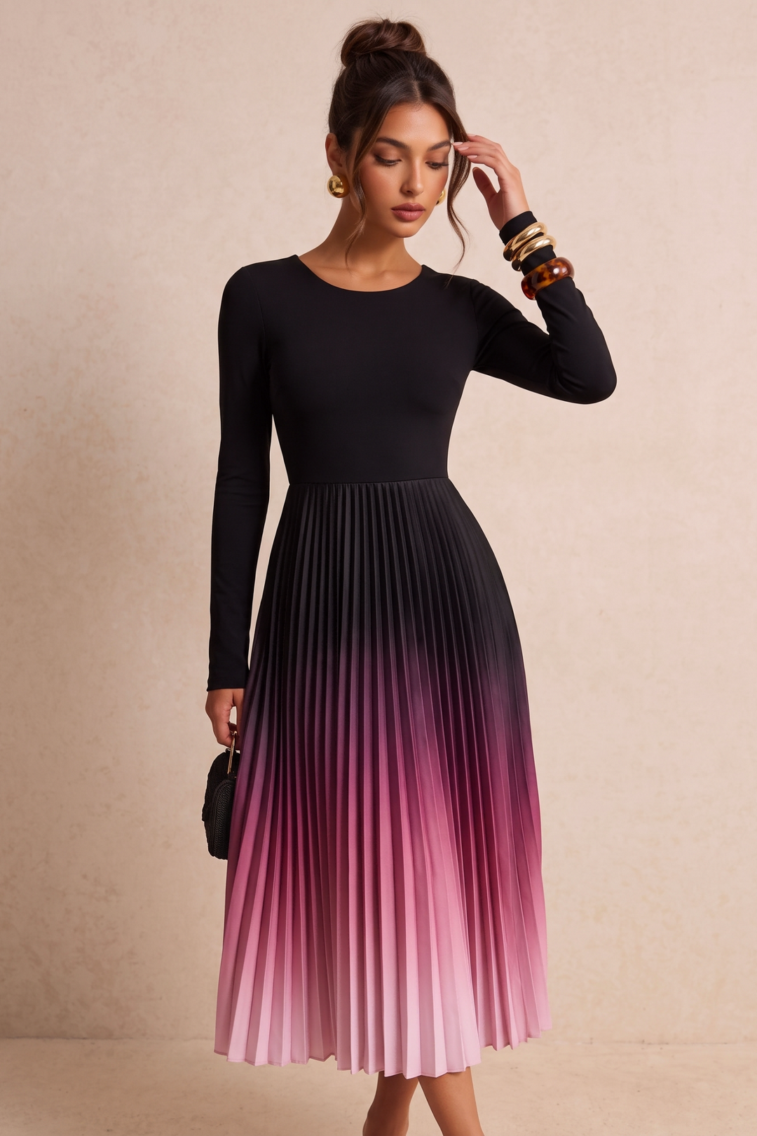 SOLACEGradient Pleated Long Sleeve Midi Dress