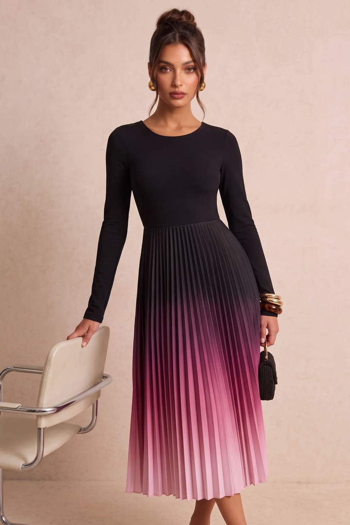 SOLACEGradient Pleated Long Sleeve Midi Dress