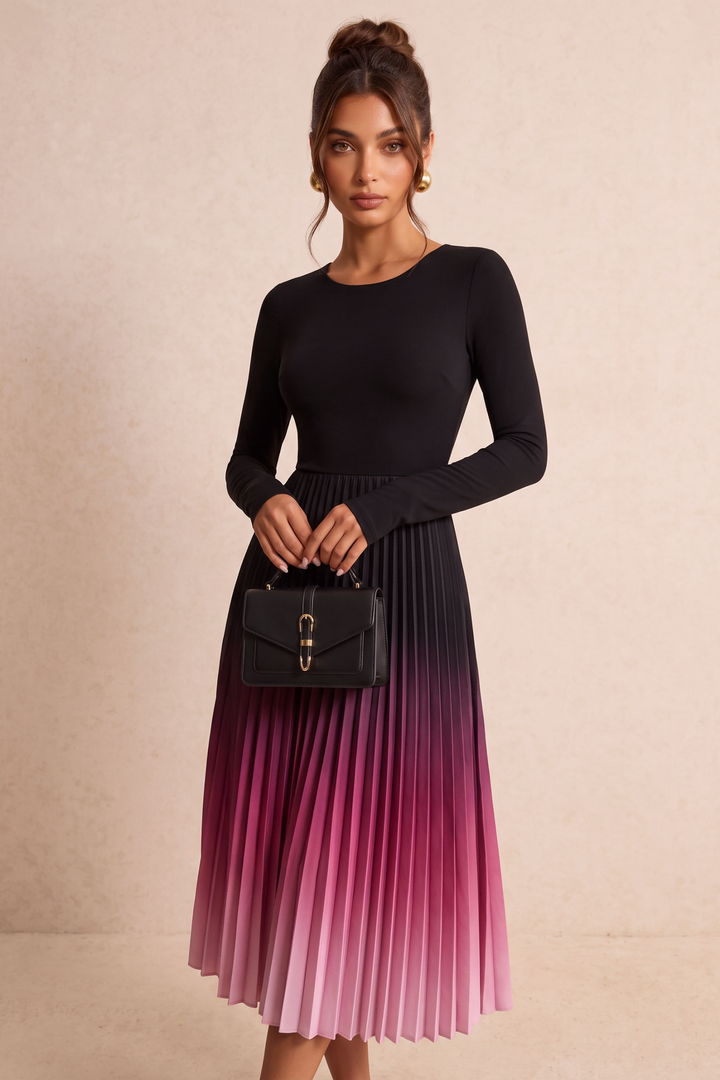SOLACEGradient Pleated Long Sleeve Midi Dress