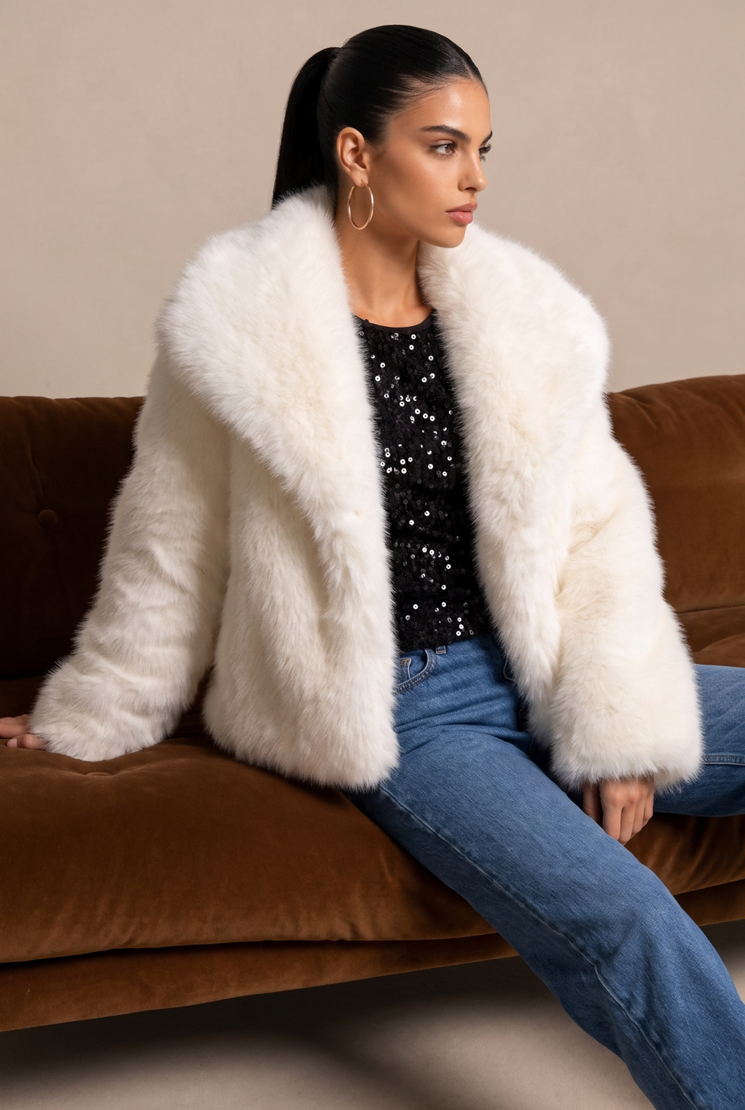 SOLACE CHICFluffy Faux Fur Wide Lapel Long Sleeve Coat