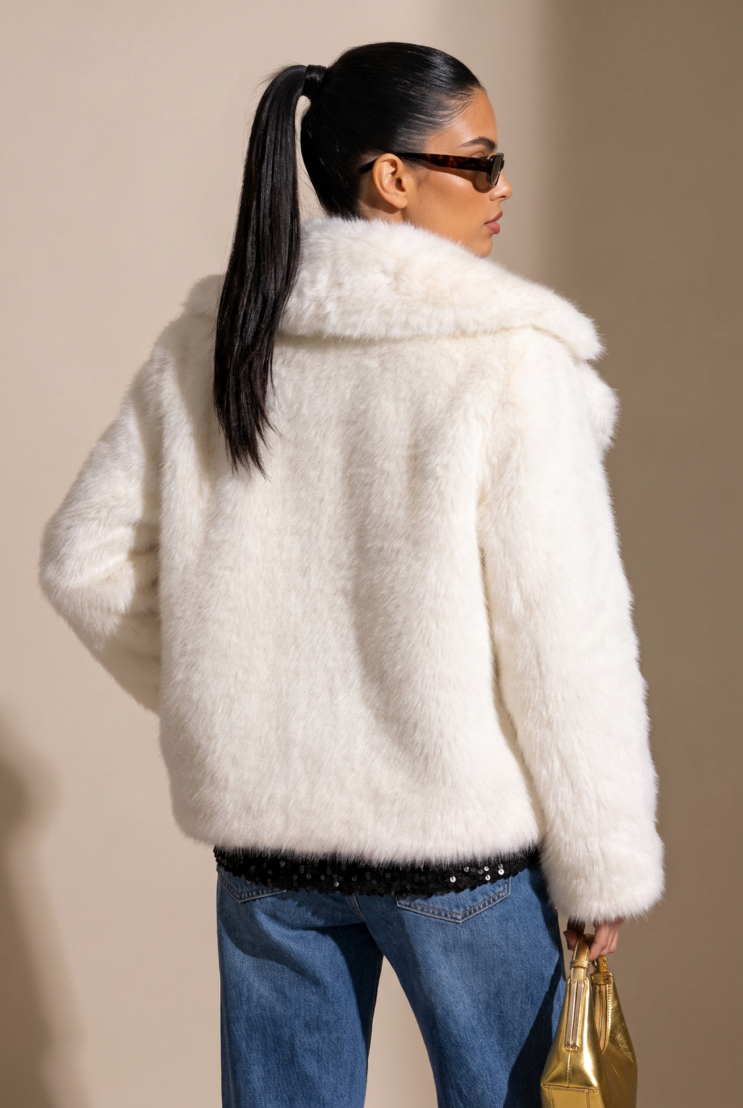 SOLACE CHICFluffy Faux Fur Wide Lapel Long Sleeve Coat