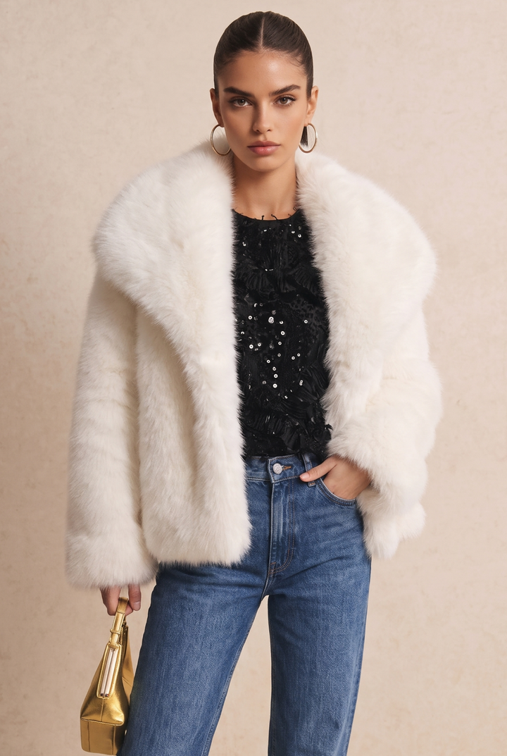 SOLACE CHICFluffy Faux Fur Wide Lapel Long Sleeve Coat