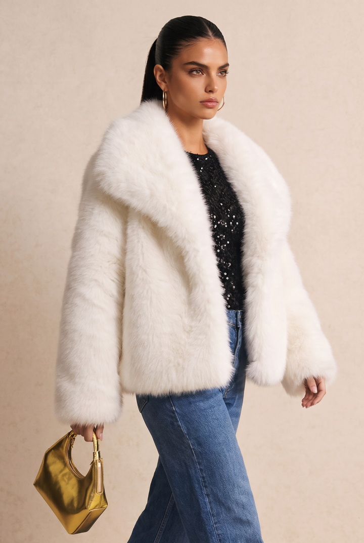 SOLACE CHICFluffy Faux Fur Wide Lapel Long Sleeve Coat