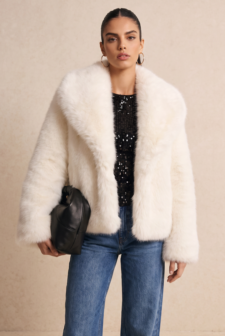 SOLACE CHICFluffy Faux Fur Wide Lapel Long Sleeve Coat