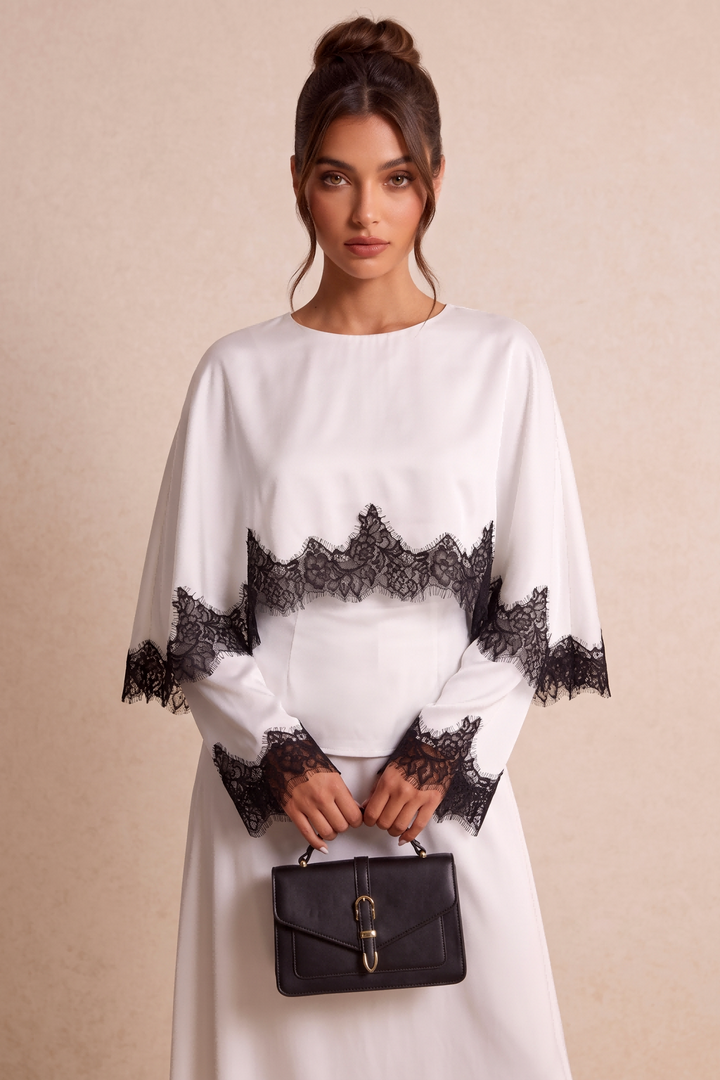 SOLACEContrast Lace Satin Cape Sleeve Blouse