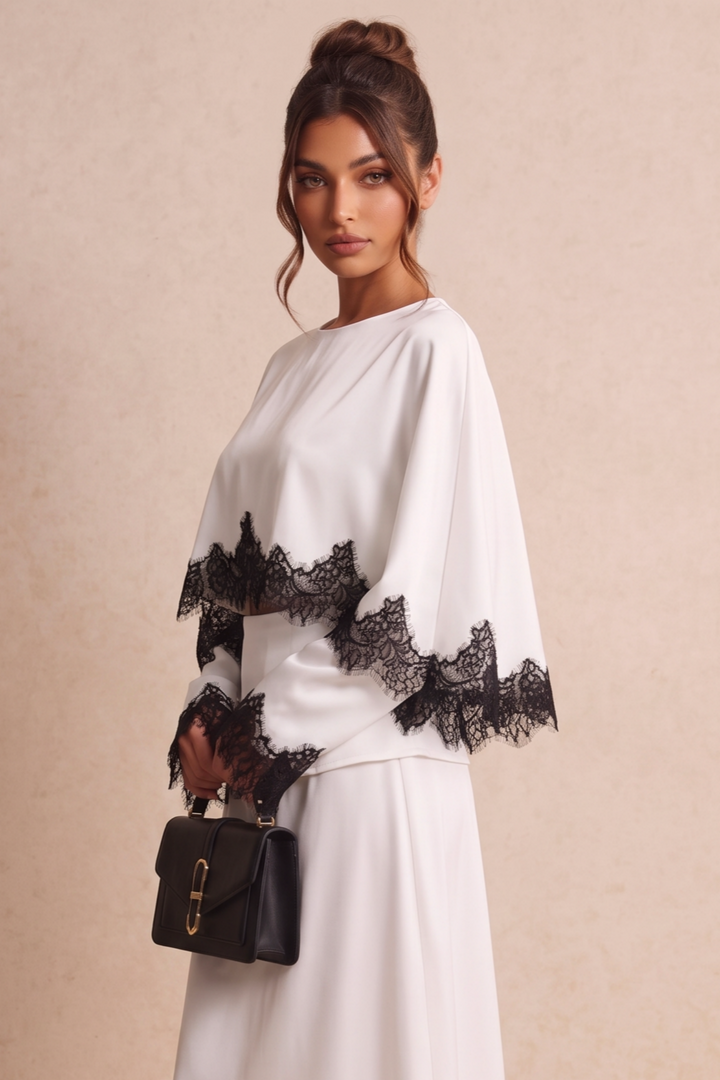 SOLACEContrast Lace Satin Cape Sleeve Blouse