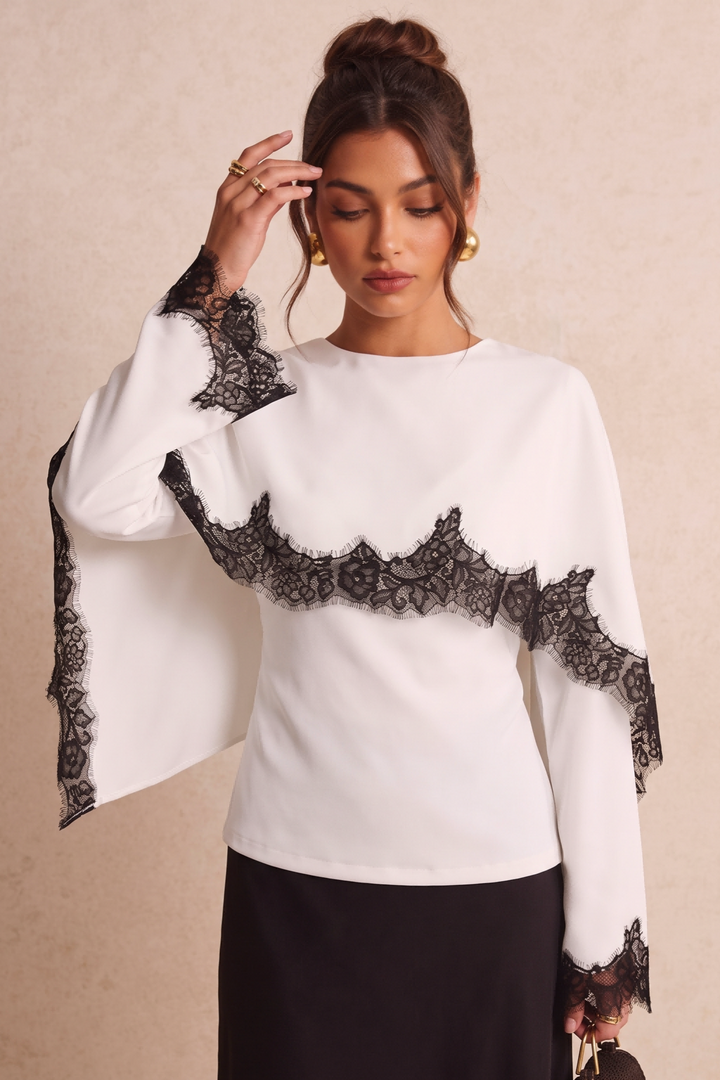 SOLACEContrast Lace Satin Cape Sleeve Blouse