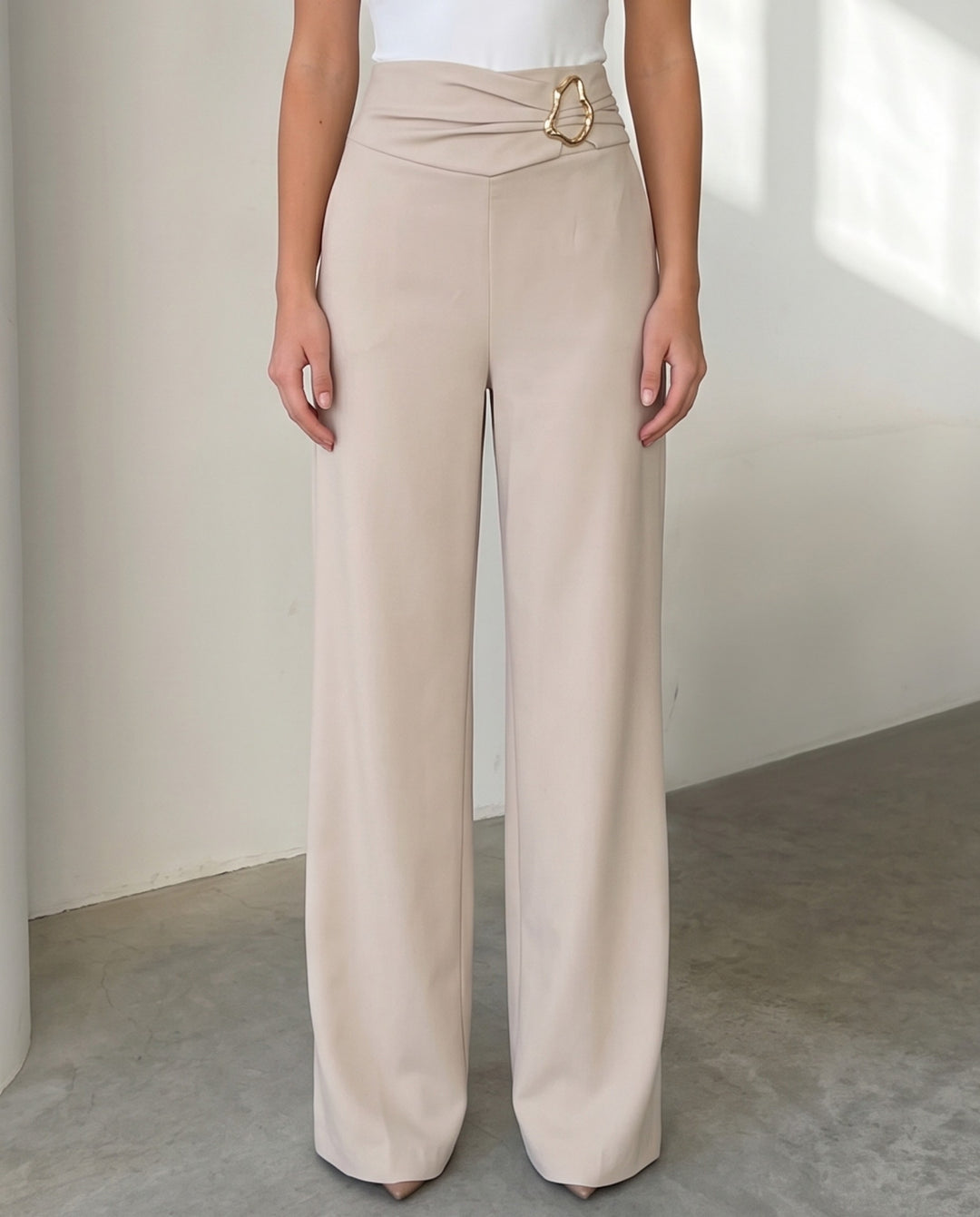 Metal Buckle Wide Leg Pants