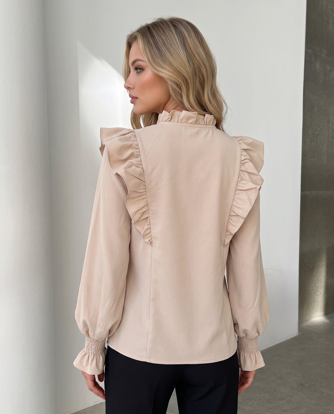Ruffled Lace-Up Bubble Sleeve Blouse