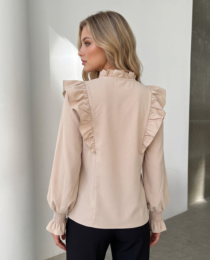 Ruffled Lace-Up Bubble Sleeve Blouse
