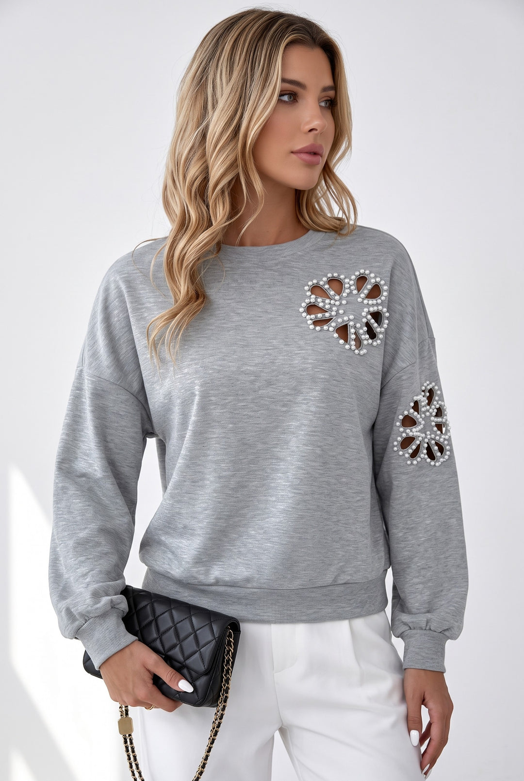 Pearl Cutout Long Sleeve Sweatshirt