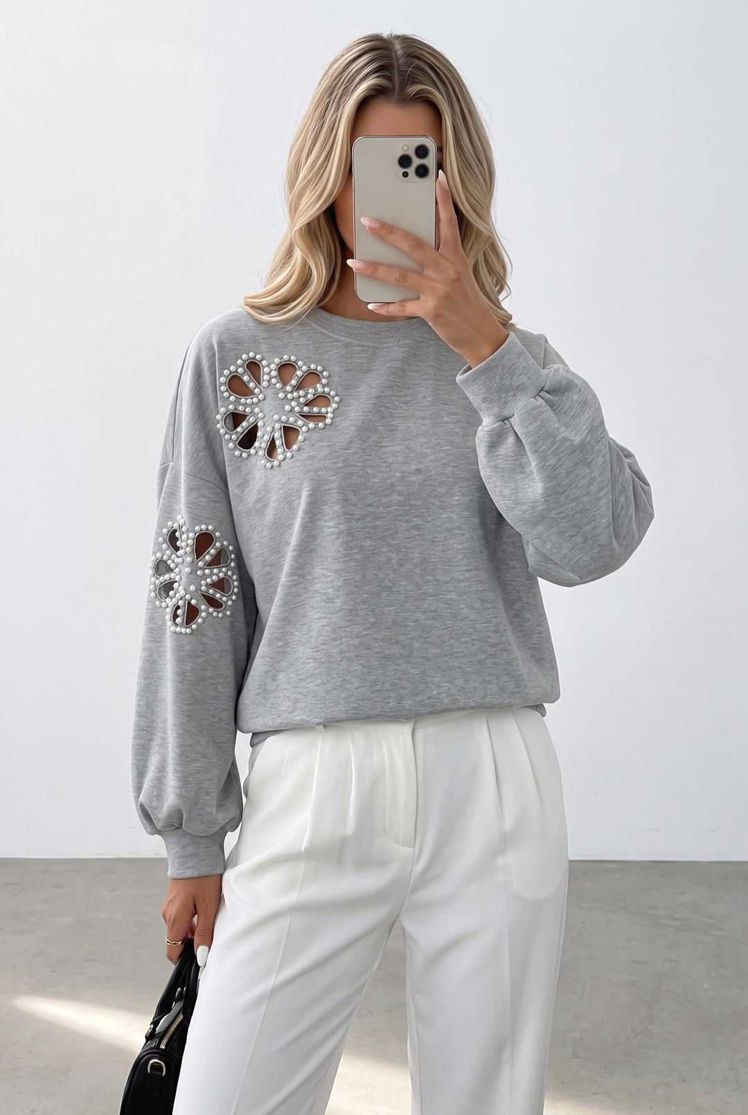Pearl Cutout Long Sleeve Sweatshirt