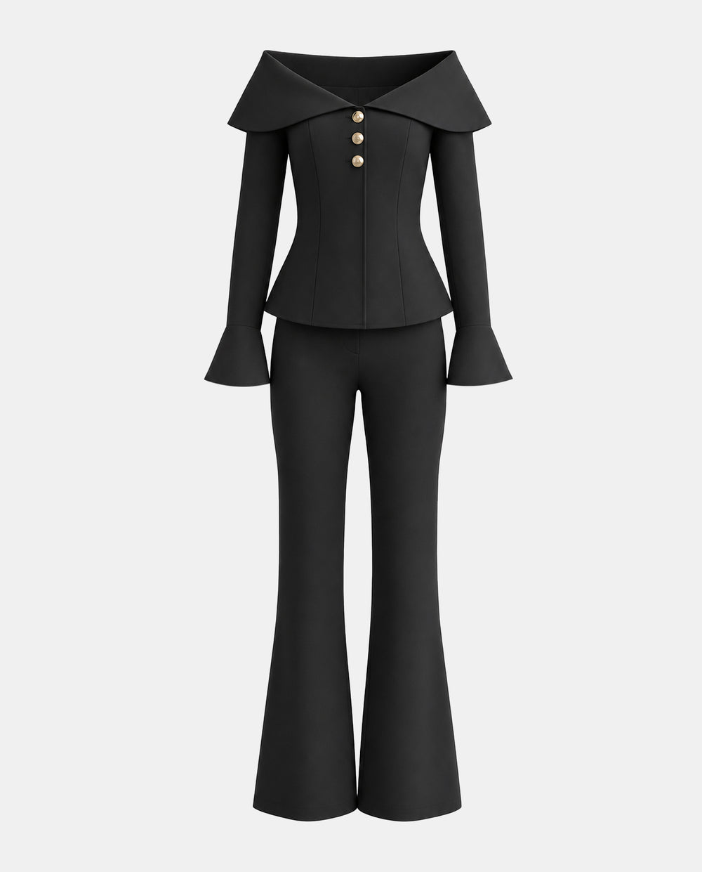 SOLACEOff Shoulder Wide Ruffle Lapel 2 Piece Flare Pant Set