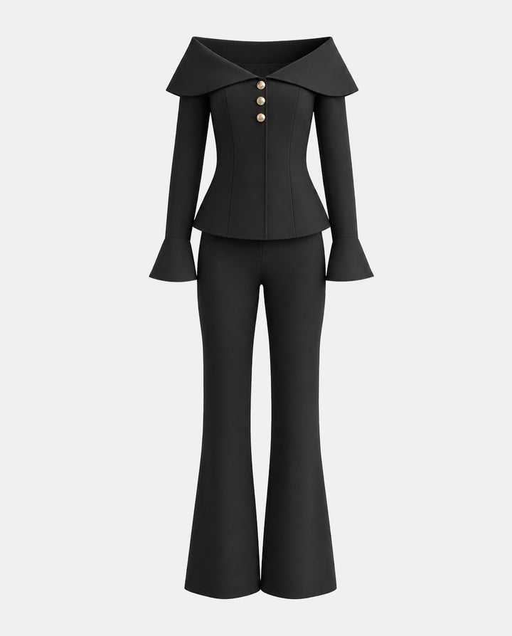 SOLACEOff Shoulder Wide Ruffle Lapel 2 Piece Flare Pant Set