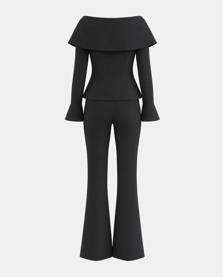 SOLACEOff Shoulder Wide Ruffle Lapel 2 Piece Flare Pant Set