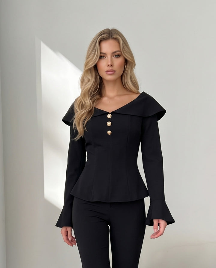 Off Shoulder Wide Ruffle Lapel 2 Piece Flare Pant Set