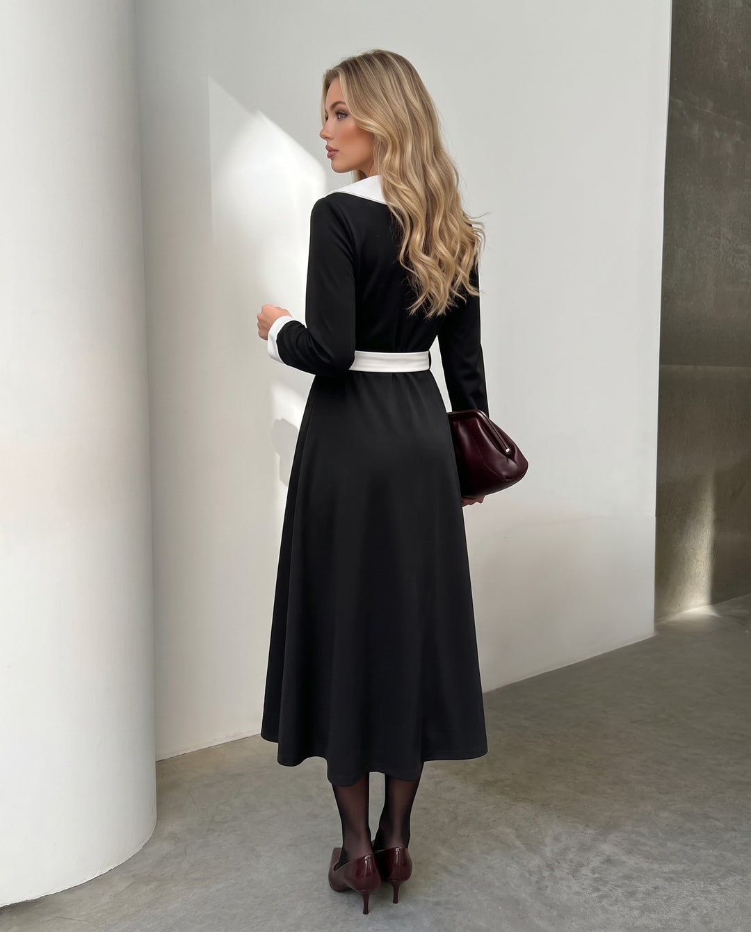 Black Contrast White Lapel Midi Waist Dress