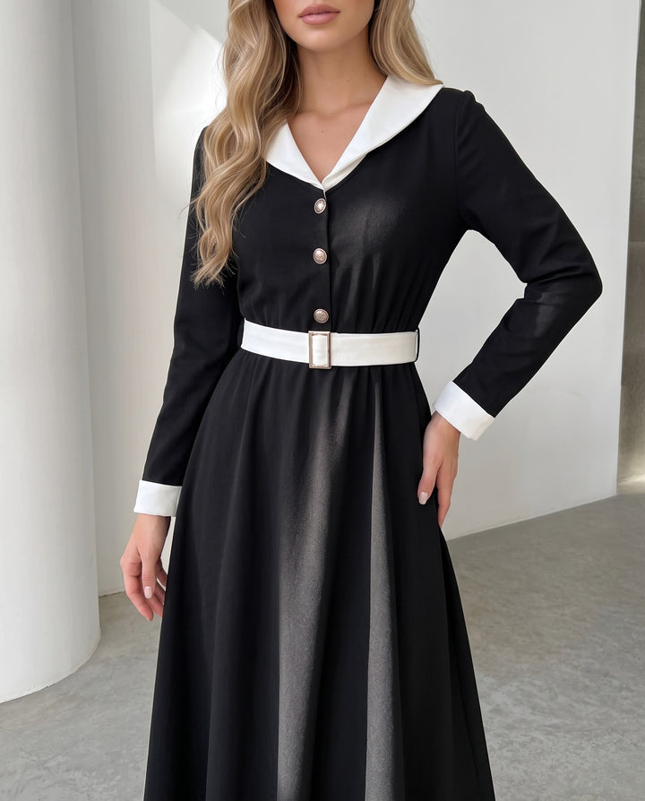 Black Contrast White Lapel Midi Waist Dress
