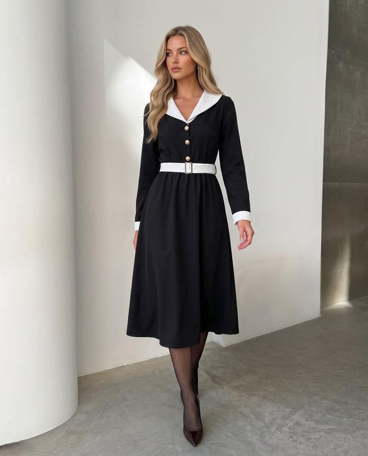 Black Contrast White Lapel Midi Waist Dress