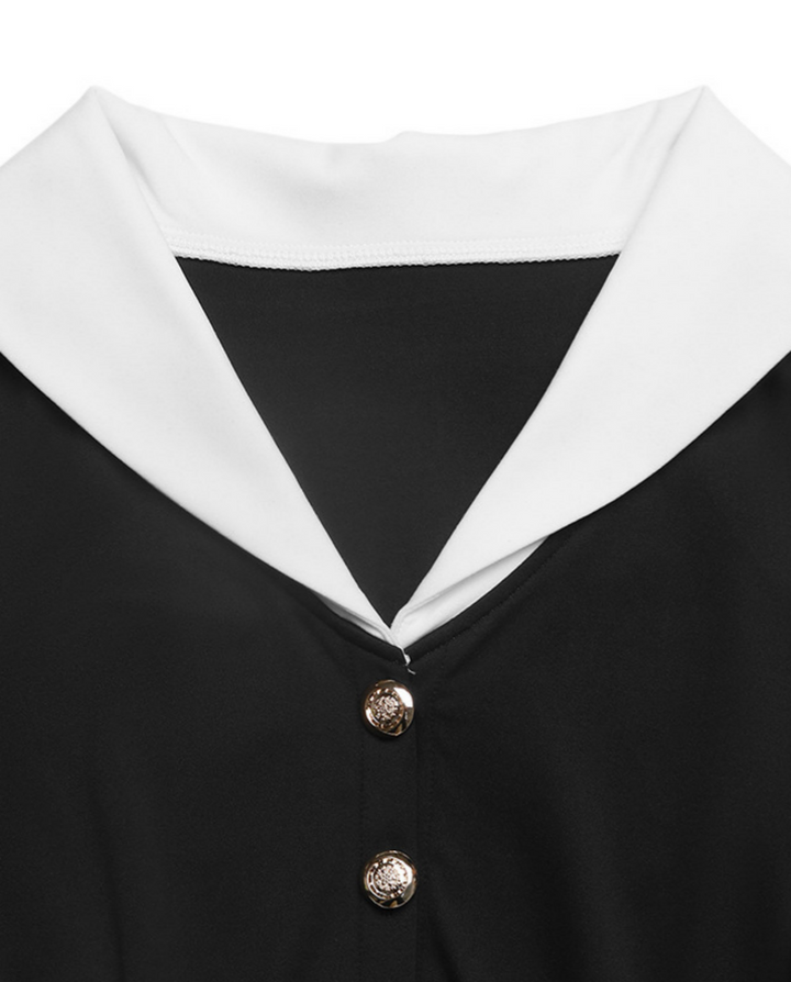 Black Contrast White Lapel Midi Waist Dress