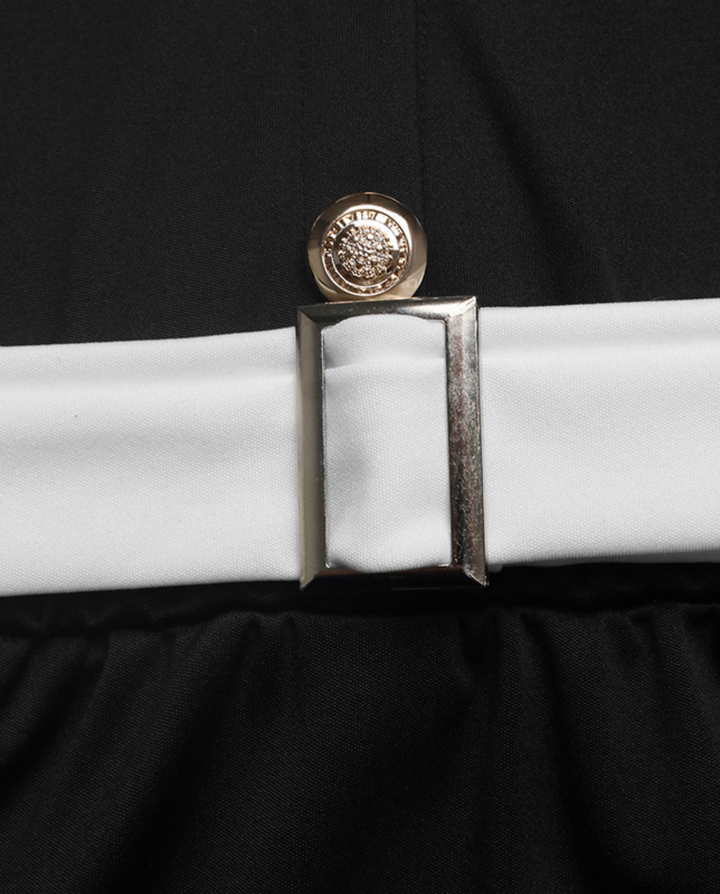 Black Contrast White Lapel Midi Waist Dress