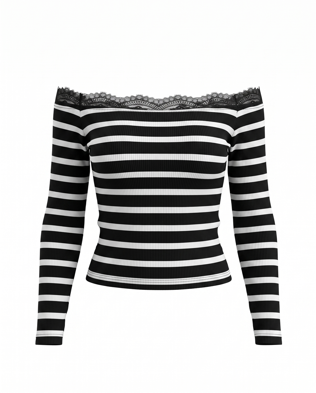 Striped Off-Shoulder Lace Trim Long Sleeve Slim T-Shirt