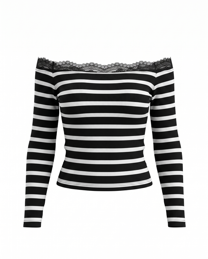 Striped Off-Shoulder Lace Trim Long Sleeve Slim T-Shirt