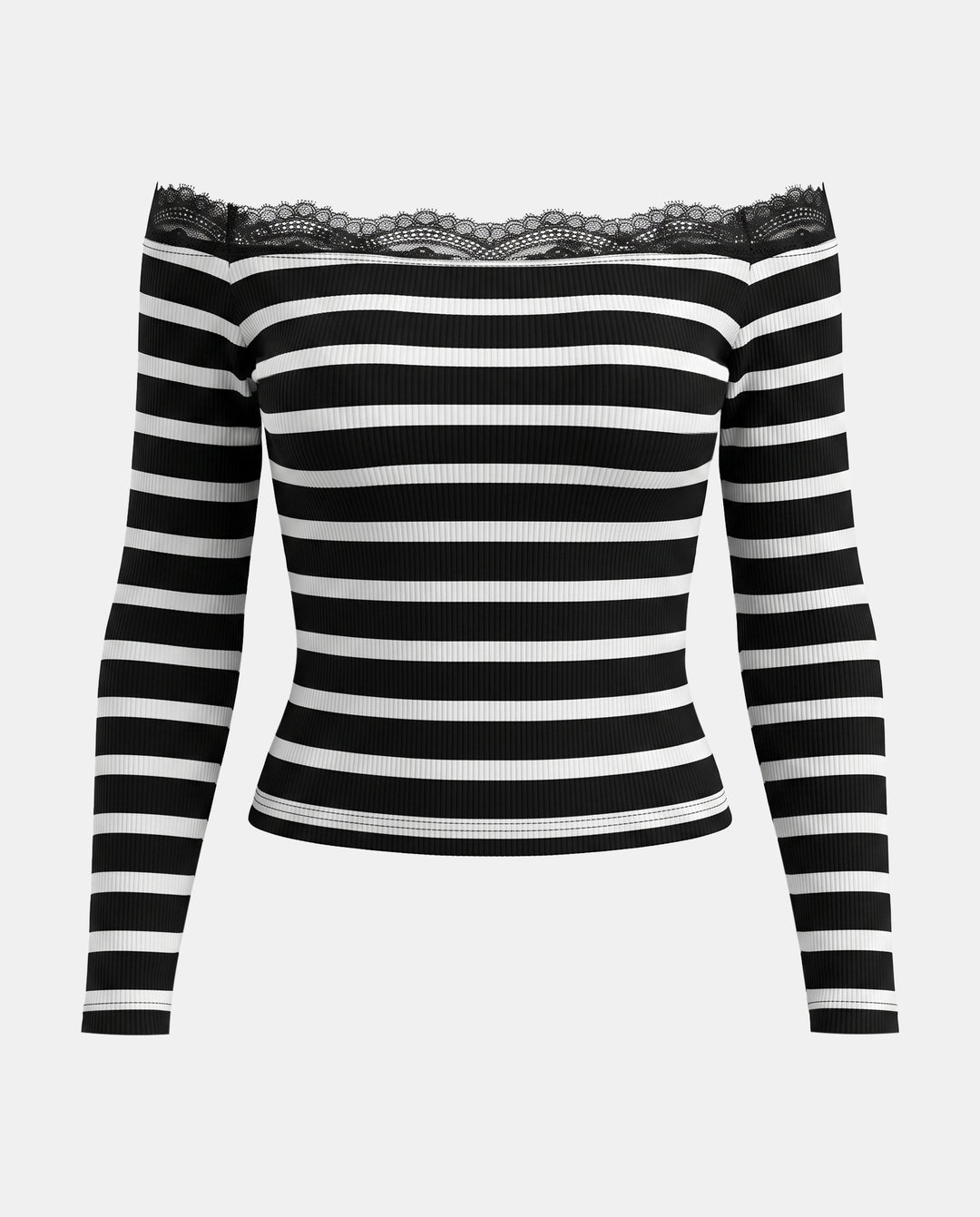 SOLACEStriped Off-Shoulder Lace Trim Long Sleeve Slim T-Shirt