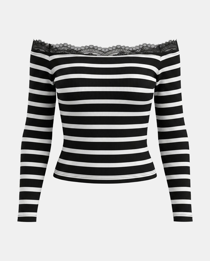 SOLACEStriped Off-Shoulder Lace Trim Long Sleeve Slim T-Shirt