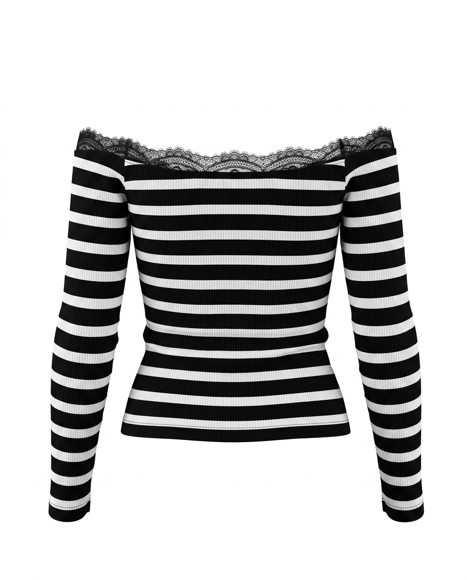 Striped Off-Shoulder Lace Trim Long Sleeve Slim T-Shirt