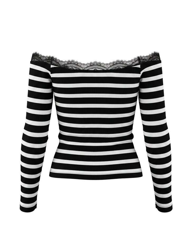 Striped Off-Shoulder Lace Trim Long Sleeve Slim T-Shirt