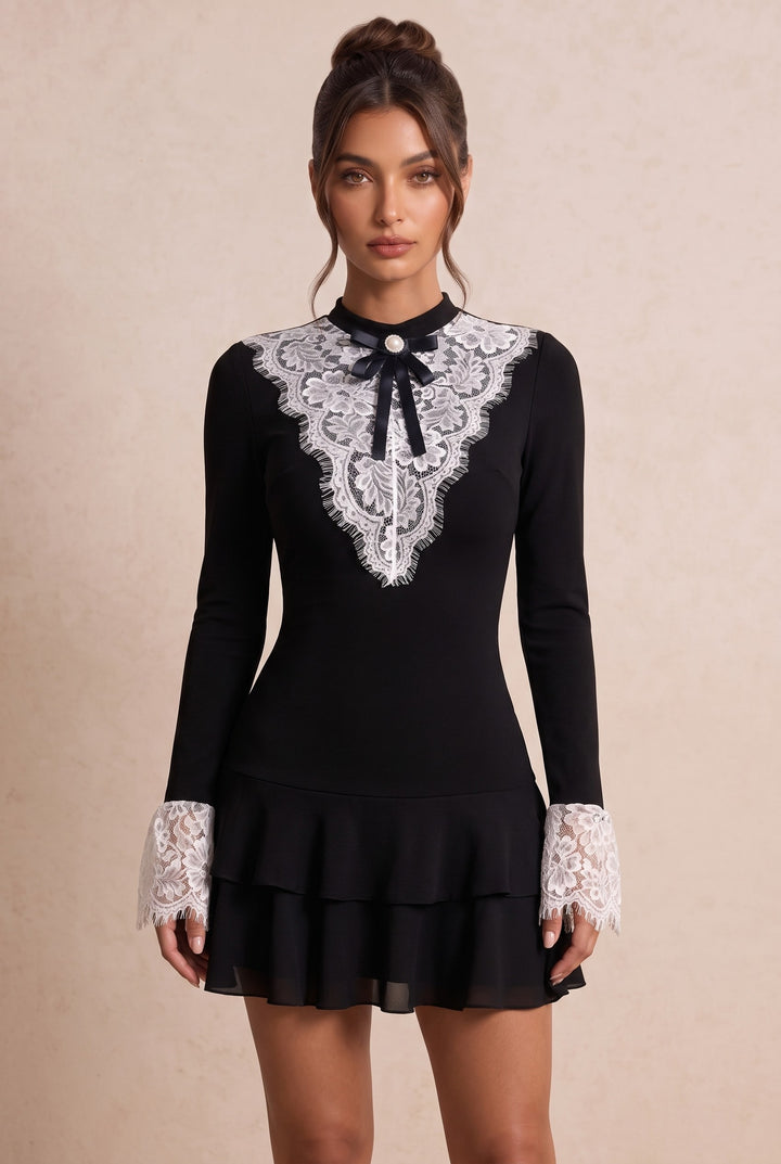 Lace Bow Tie Front Layered Ruffle Hem Mini Dress