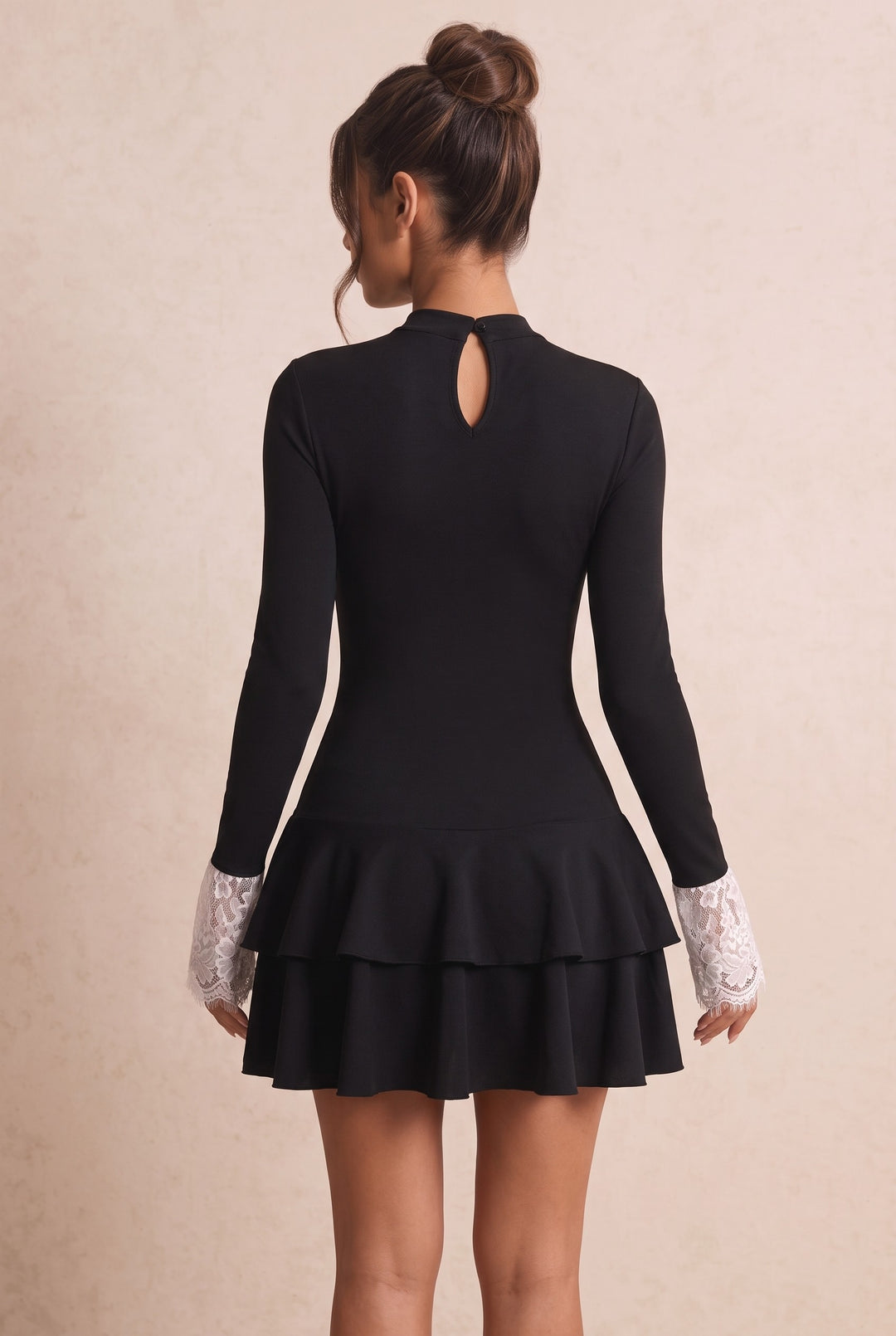 Lace Bow Tie Front Layered Ruffle Hem Mini Dress