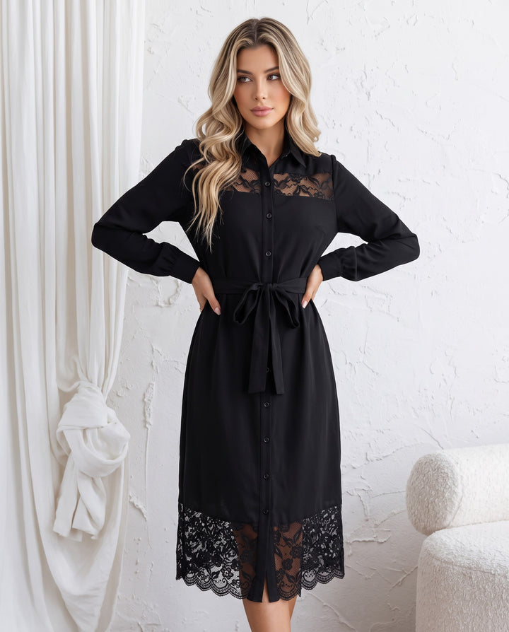 Lace Trimmed Long Sleeve Midi Dress