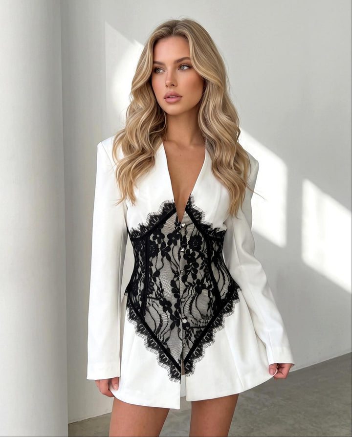 Lace Paneled Waist-Defining Blazer
